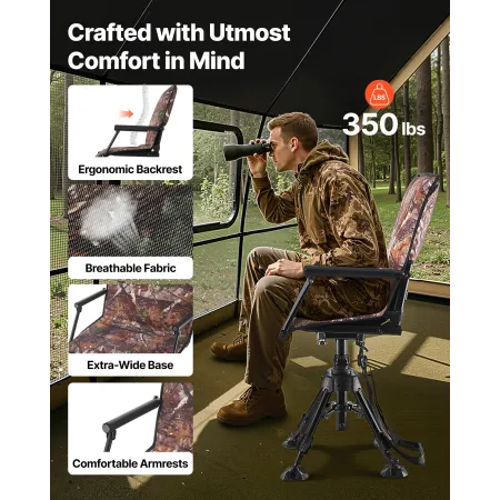 VEVOR Hunting Chair, 360° Silent Swivel, Foldable Portable Blind Chair, Heavy-Duty Steel Frame Ground Stool Seat, with Armrests,