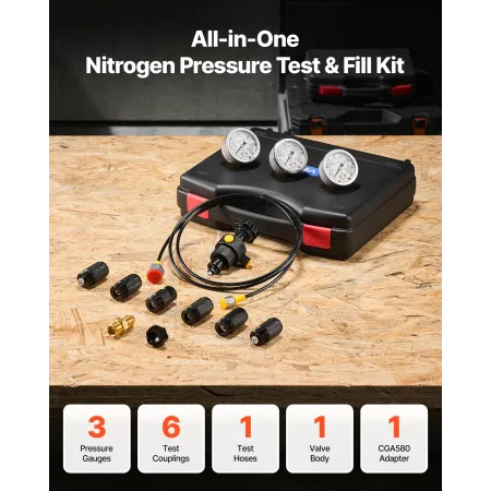 VEVOR Hydraulic Nitrogen Accumulator Charging Kit, All-in-One Nitrogen Fill Kit, Pressure Test System with 3 Gauges (100, 250, 4