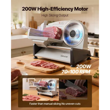 VEVOR Meat Slicer, 200W Electric Deli Slicer Machine with 190 mm Sharp Blade, Home Meat-Slicer with 70-100 RPM Slicing Speed, 0-