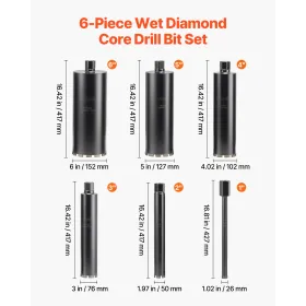 Core Drill Bit, 6 Pieces, 25.4 / 50.8 / 76.2 / 101.6 / 127.0 / 152.4 mm Diameter, 356 mm Drilling Depth, 1-1/4 in-7 Internal Thr