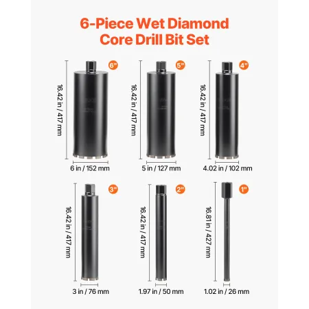 Core Drill Bit, 6 Pieces, 25.4 / 50.8 / 76.2 / 101.6 / 127.0 / 152.4 mm Diameter, 356 mm Drilling Depth, 1-1/4 in-7 Internal Thr