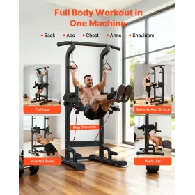 VEVOR Pull Up Bar, 150kg Power Tower Dip Station, Workout Dip Station with H-Shaped Stable Base & Back Pad, Adjustable 12 Level 