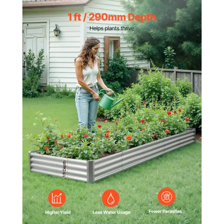Metal Raised Garden Bed, 3.6 x 1.2 x 0.3 m Outdoor Galvalume Planter Garden Box, Open Bottom Design, Large Planter Raised Bed fo