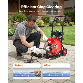 Drain Cleaner Machine 30m x 19mm, Auto Feed Sewer Snake Auger, Portable Drain Cleaning Machine with Multi-Wheel Combination, 6 C