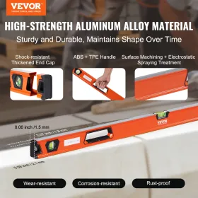 Magnetic Torpedo Level, 48 in, Mechanical Bubble Vials Ruler for 45/90/180 Degree, Aluminum Alloy Leveler Tool w/ Viewing