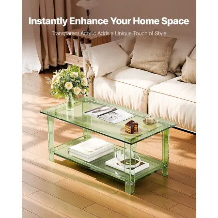 VEVOR Acrylic Coffee Table, 2 Tiers Center Table with Storage Shelf, Modern Rectangle Acrylic Coffee Desk, Ideal for Dining Room