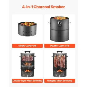 Charcoal Smoker Grill, 470mm Barrel Charcoal BBQ Smoker, Coated Steel Outdoor Barbecue Grill with 2 Grilling Grates, 1 Hanging R