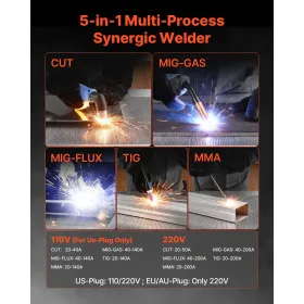 VEVOR 5-i-1 plasmaskærer svejser Combo - CUT/TIG/Gas MIG/Flux MIG/MMA, 50A ikke-kontakt plasmaskæremaskine & 200A Synergic W
