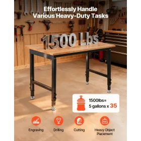 Adjustable Workbench, 680 kg Capacity, 122 x 60 cm Oak Wood Top Workbench with 67-102 cm Height Adjustment, Heavy-Duty Hardwood 