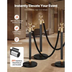 VEVOR Stanchion Post, 4 Pcs Crowd Control Barrier Set with 2 Black Velvet Ropes, Heavy Duty Stainless Steel Stanchion Post Queue