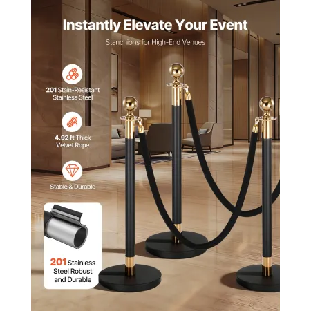 VEVOR Stanchion Post, 4 Pcs Crowd Control Barrier Set with 2 Black Velvet Ropes, Heavy Duty Stainless Steel Stanchion Post Queue