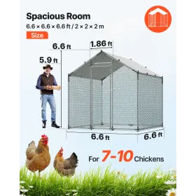 Metal Chicken Coop, 6.56x6.56x6.56ft Large Walk-in Chicken Runs with Cover, Spire Roof Hen House Enclosure with Security Lock, O