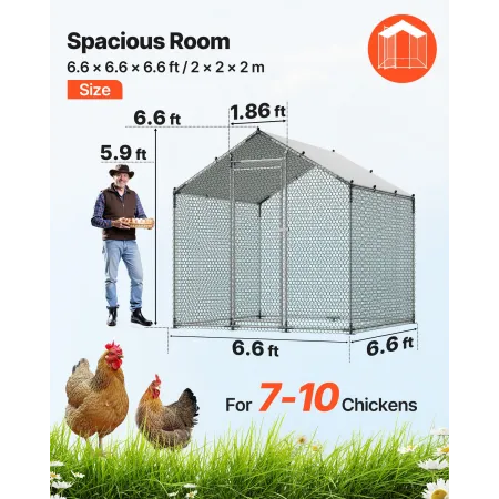 Metal Chicken Coop, 6.56x6.56x6.56ft Large Walk-in Chicken Runs with Cover, Spire Roof Hen House Enclosure with Security Lock, O