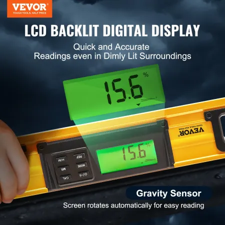 Magnetic Torpedo Level, 600mm, LED Backlit Screen Mechanical Bubble Vials Ruler for 0-360 Degree, Gravity Sensor Aluminum Alloy 