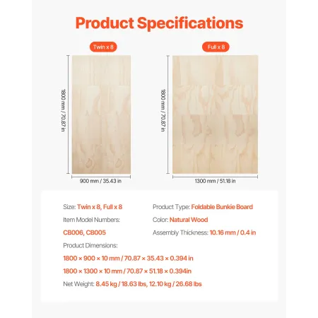 VEVOR Twin Size Bunkie Board, 10 mm Foldable Bed Board Slats with Connection, Wooden Mattress Support for Twin Size Bed, Support