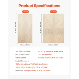 VEVOR Full Size Bunkie Board, 10 mm Foldable Bed Board Slats with Connection, Wooden Mattress Support for Full Size Bed, Support