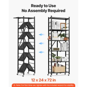 6-Tier Foldable Storage Shelf, 24W x 12D x 72H Inch Folding Metal Rack Shelving Unit, No Assembly Organizer Shelf with 5 Wheels 