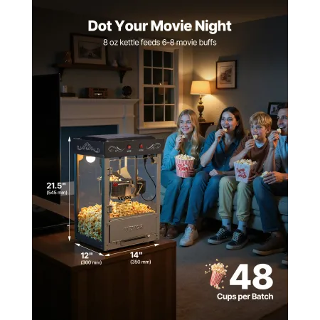 VEVOR popcornmaskine, 0,2 kg kedel i rustfrit stål, 800 W kommerciel popcornmaskine til bordplade, 48 kopper pr. batch Theater
