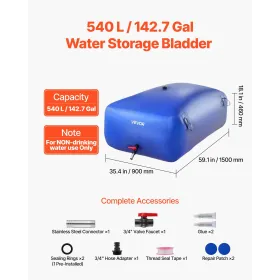 VEVOR Water Storage Bladder, 540L Portable & Collapsible Water Storage Bag, Wear-Resistant 1000D PVC Soft Waters Bag, Leakproof 