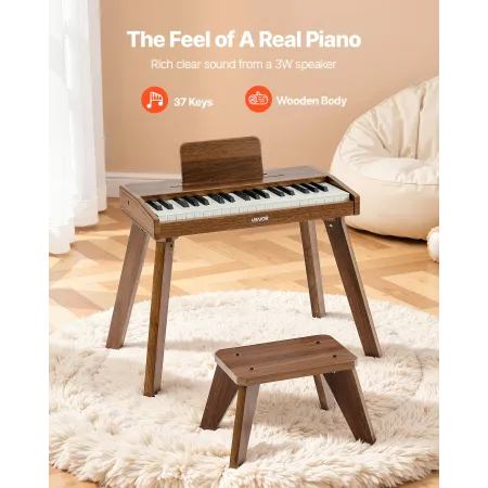 Kids Piano Keyboard, 37 Key Wooden Digital Piano for Kids, Mini Music Educational Instrument Toy Set with Realistic Sound, Dual 