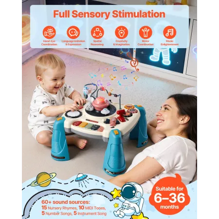Baby Spacecraft Musical Table Toys for 1-3 Years Old, Learning Activity Desk with Space Theme & Soft-glow Star Projector & 60+ S