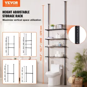 VEVOR Over the Toilet Storage, 4-Tier Adjustable Over Toilet Bathroom Organizer, Low-carbon Steel 53"-132" Tall Storage Shelf Ra
