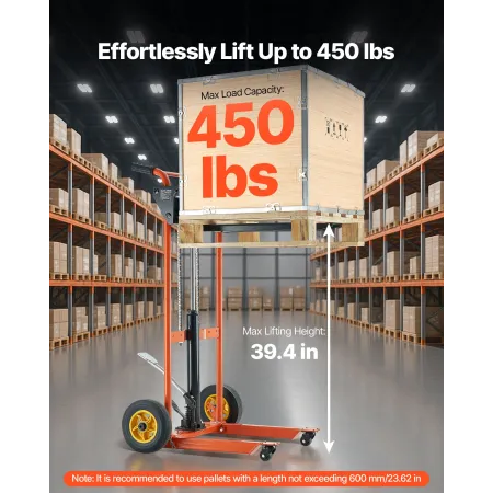 VEVOR Hydraulic Material Lift Winch Stacker, 205 kg Load Capacity, Pallet Truck Dolly with Fork Lift Table, 1000 mm Max Lifting 