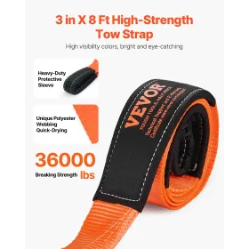 Recovery Tow Strap 76.2 mm, 2.4 m 16329 kg Break Strength, Triple Reinforced Loop Straps, Tree Saver, Winch Line Extension Strap