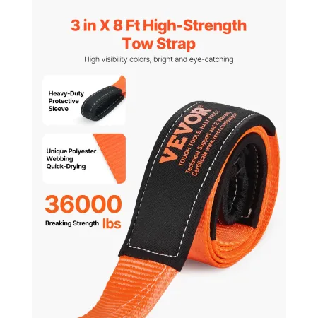 Recovery Tow Strap 76.2 mm, 2.4 m 16329 kg Break Strength, Triple Reinforced Loop Straps, Tree Saver, Winch Line Extension Strap