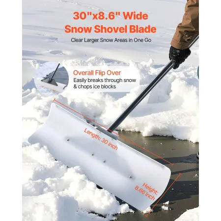 VEVOR Snow Pusher Skovl, 76,2 cm Udendørs sneplov skovl med ergonomisk greb, HDPE plastikblad, vinterskovl med segmenteret