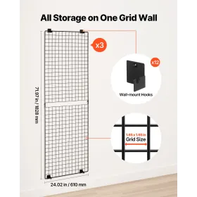 VEVOR 3 Packs Grid Wall Panels, 610 x 1828 mm Wire Grid Panels Display Rack, Wall-Mounted Art Display Shelf, Black Carbon Steel 