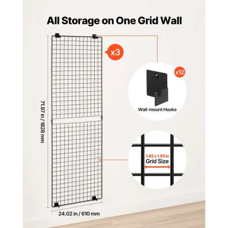 VEVOR 3 Packs Grid Wall Panels, 610 x 1828 mm Wire Grid Panels Display Rack, Wall-Mounted Art Display Shelf, Black Carbon Steel 