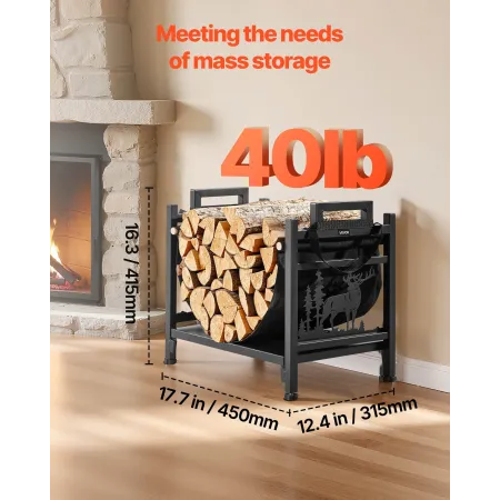 VEVOR Indoor Firewood Rack, 45cm Curved Log Holder with Canvas Carrier, 18kg Weight Capacity Wood Storage Stand, Powder-Coated S