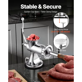 Manual Meat Grinder, 304 Stainless Steel Hand Meat Grinder with Suction Cup + Steel Table Clamp, Meat Mincer Sausage Maker & 2