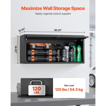 VEVOR Metal Vægskab, 77W x 30,5D x 35,6H cm, Flydende Garage Værktøjsskab med Up-Flip dør, 54,5 kg Belastning pr. hylde, Fit fo