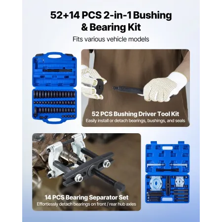 VEVOR Bearing Press Kit, 52+14 Pcs, 2 in 1 Bushing Driver Tool & Bearing Press Kit, Race and Seal Driver Set with 49 Bushings, S