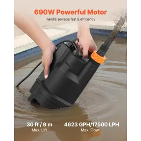 VEVOR 690W Submersible Sump Pump, 17500 L/H, PP-GF20 Submersible Sewage Dirty Clean Water Pump with Automatic Float Switch, Long