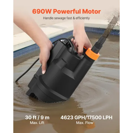 VEVOR 690W dykpumpe, 17500 L/H, PP-GF20 dykpumpe til snavset rent vand til kloakvand med automatisk svømmerafbryder, lang