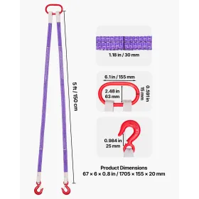 VEVOR Lifting Sling Straps, 2Pcs Two-Leg Polyester Bridle Sling with Hooks, 2 Ton Capacity, 5Ft Heavy Duty Rigging Strap, Thicke