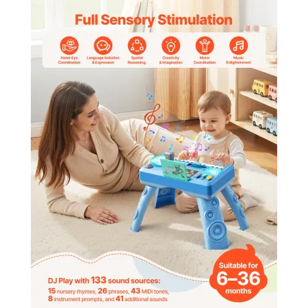 VEVOR Baby DJ Playset for Toddlers 1-3, Educational Musical Table Toys with 133 Sound Sources, Recording and LED DJ Turntable, B