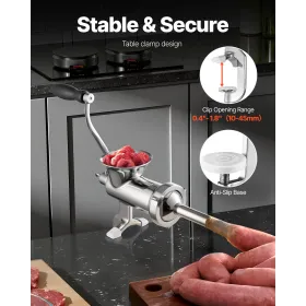 Manual Meat Grinder, 304 Stainless Steel Hand Meat Grinder with Steel Table Clamp, Meat Mincer Sausage Maker & 2 Cutting