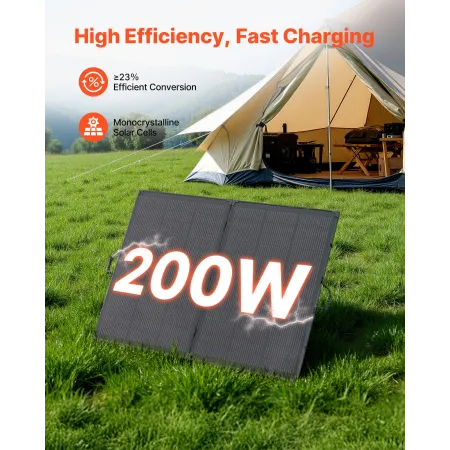 VEVOR 200W Foldable Solar Panel with Frame, 23% High-Efficiency Portable Monocrystalline Solar Panel Charger with 30A PWM Contro