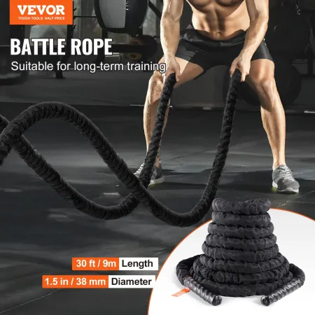 VEVOR Battle Rope, 1.5 Inch Diameter 30Ft Length Polyester Exercise Rope, Battle Exercise Equipment with Protective Sleeve & Anc