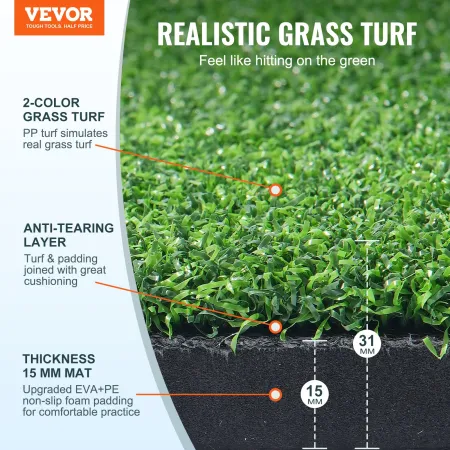 VEVOR Golf Hitting Mat, 5x4ft Artificial Turf Golf Hitting Mat, Thickened Golf Hitting Aids with 10 Golf Balls, 9 Golf Tees, Gol