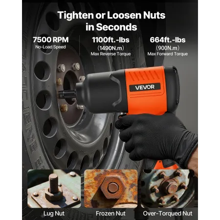 VEVOR Air Impact Wrench, 1/2" Drive Pneumatic Impact Wrench Up to 1490N.m Reverse Torque, 7500RPM 4-Speed Adjustable & Lightweig