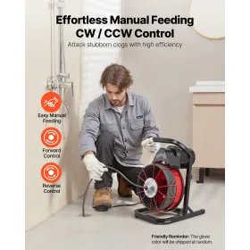 VEVOR Drain Cleaner Machine 23m x 10.5mm, Sewer Snake Auger Manual Feed with 4 Cutters & Air-activated Foot Switch for 50mm to 1