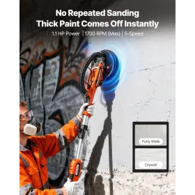 VEVOR Gipspudser, 850W elektrisk gipspladesliber, Popcorn-loftsfjernelsesværktøj med 5 variable hastigheder 800-1700 RPM,
