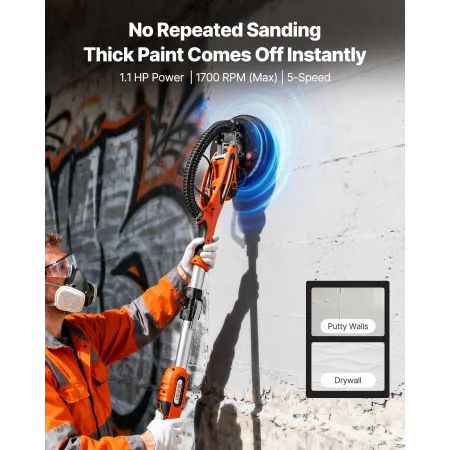 VEVOR Gipspudser, 850W elektrisk gipspladesliber, Popcorn-loftsfjernelsesværktøj med 5 variable hastigheder 800-1700 RPM,