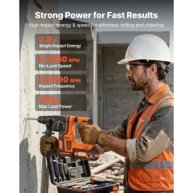 VEVOR Rotary Hammer Drill, 20 mm SDS-Plus Cordless, 20V Battery Powered Rotary Hammer, Brushless, Including Battery, Charger, 3 