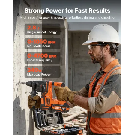 VEVOR borehammer, 20 mm SDS-Plus ledningsfri, 20V batteridrevet borehammer, børsteløs, inklusive batteri, oplader, 3